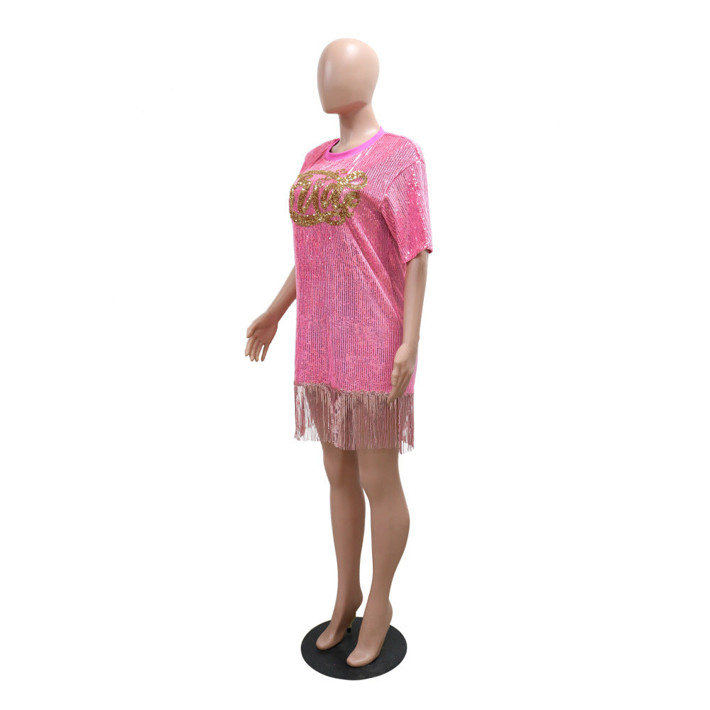 Women Fashion Round Neck Short Sleeve Sequin Tassel Casual Dress 12