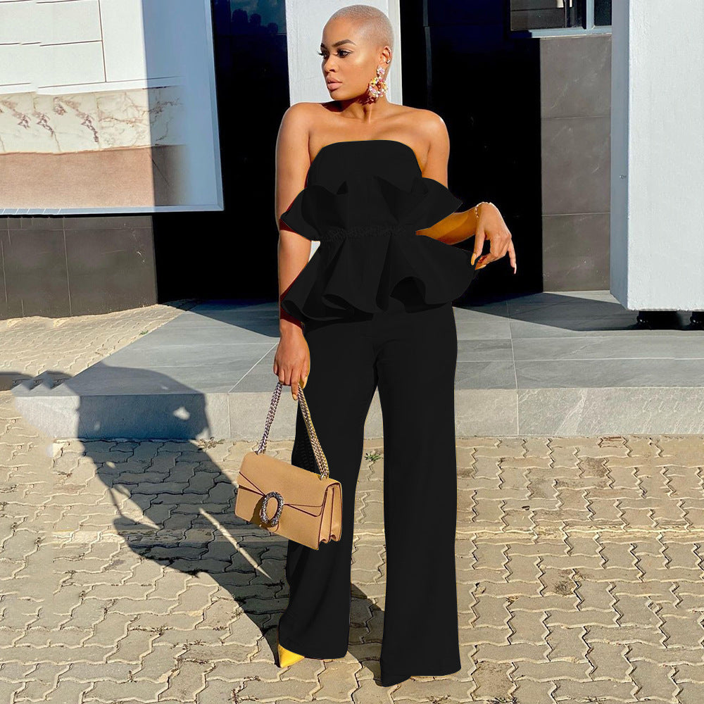 Strapless Ruffle Top Wide Leg Pants Elegant Two Piece Set 3