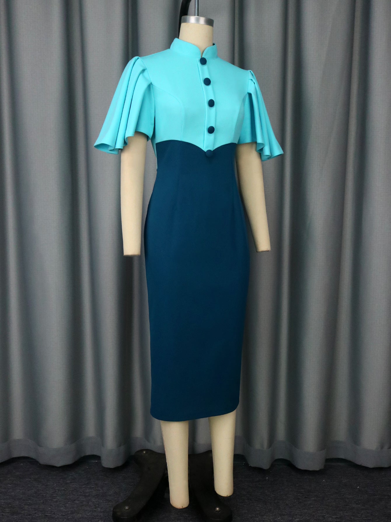 Women Retro Half-High Collar Contrast Ruffle Sleeve Elegant Party Dress 4