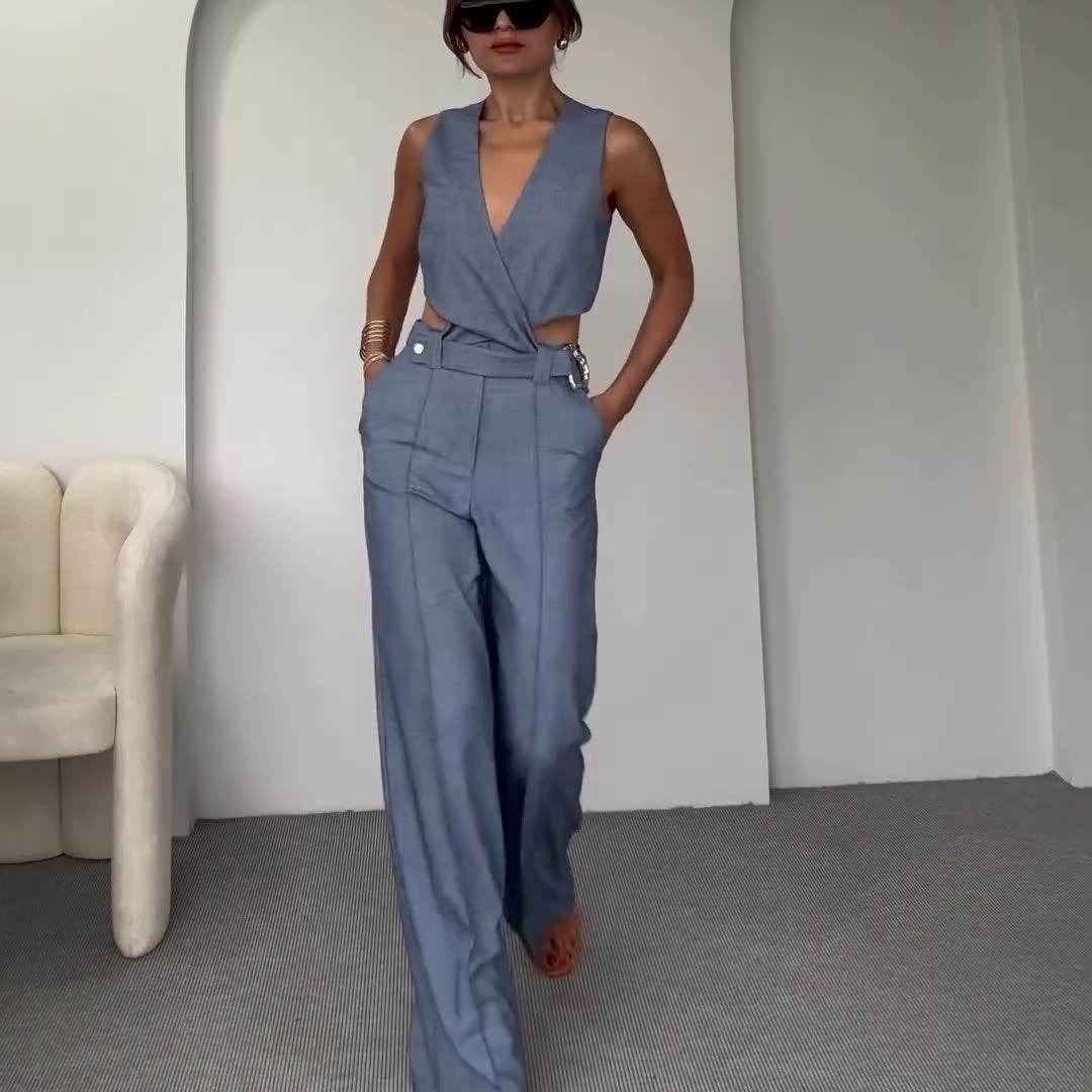 Women Summer Solid Round Neck Sleeveless Vest and Wide-leg Pants Two-piece Set