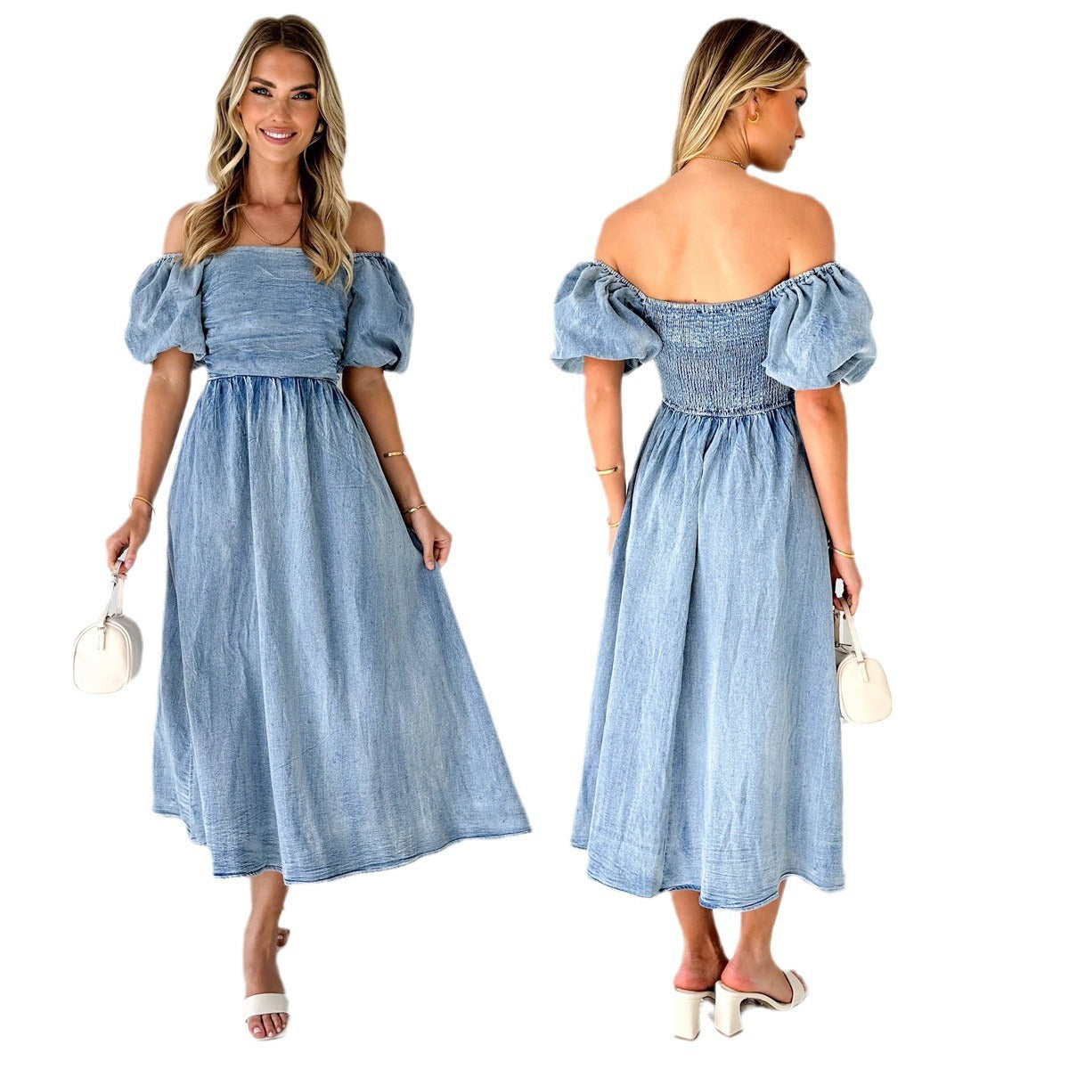 Summer Chic Elegant Puff Sleeve Slim Waist Denim Long Dress 6