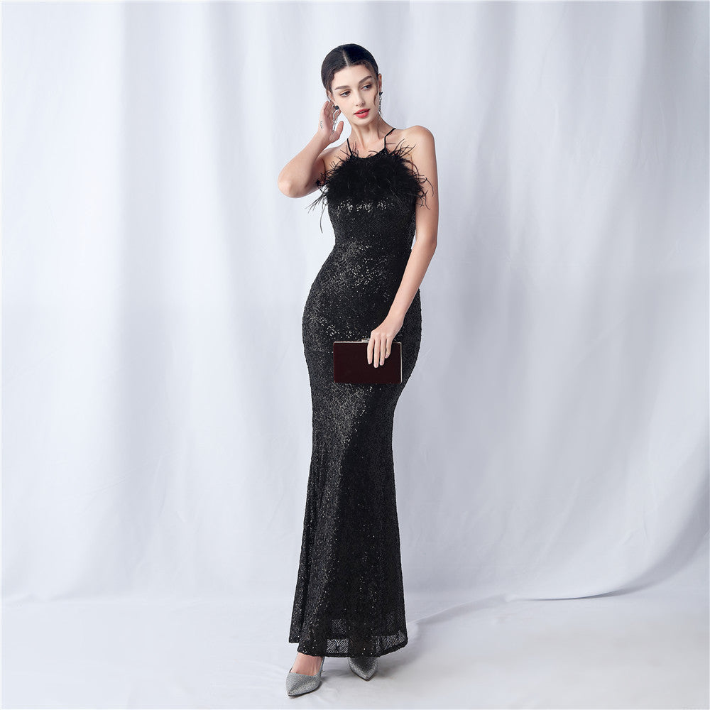 Feather Beaded Plaid Sequin Dinner Party Evening Dress 4