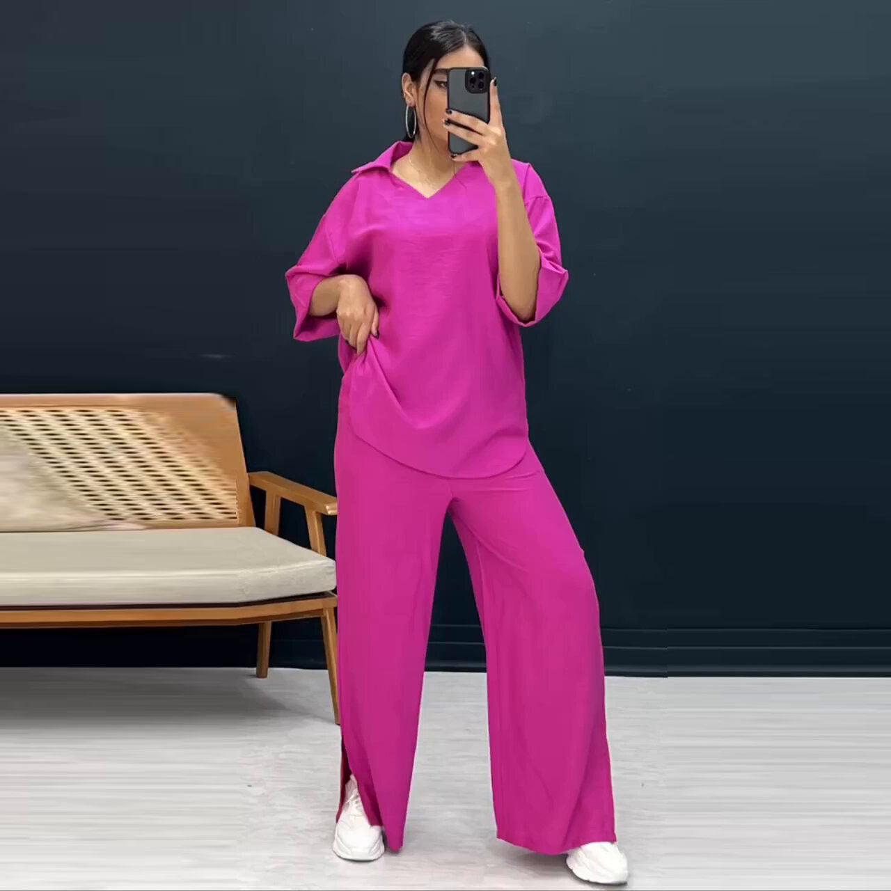 Plus Size Women Loose Top and Slit Wide Leg Pants Two-piece Set 9