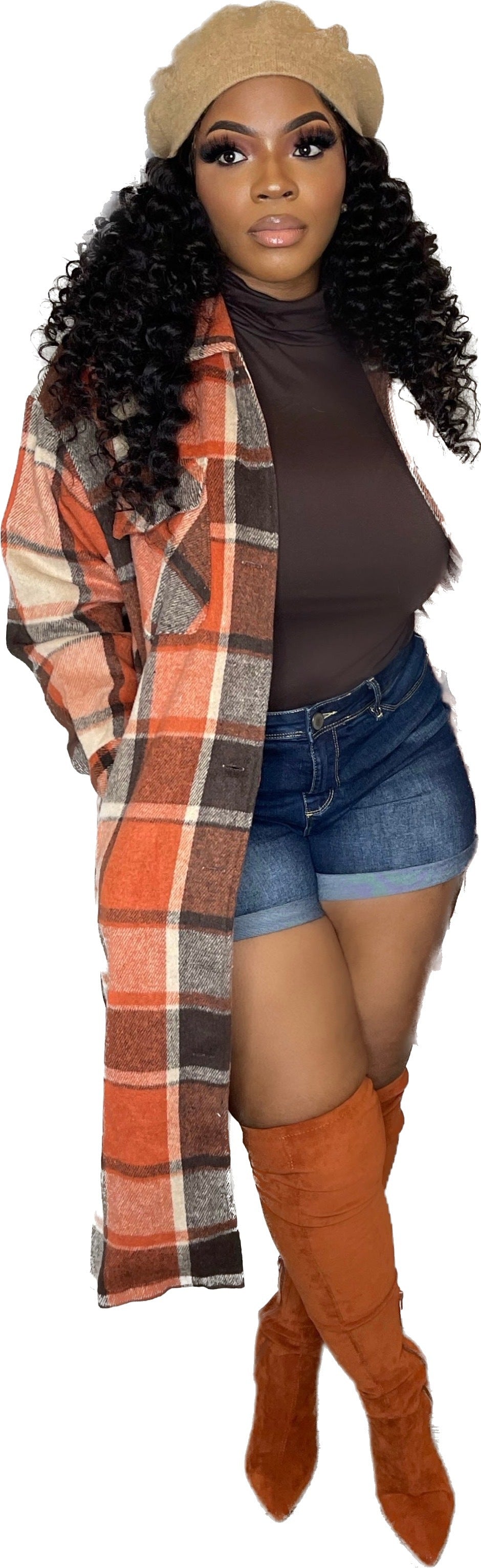 Women Autumn and Winter Loose Plaid Long Shirt Coat 7