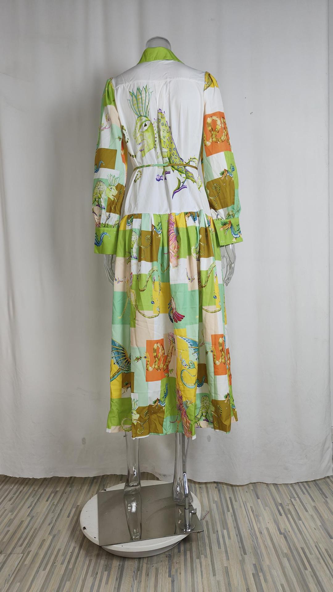 Women Chic Balloon Sleeve Turndown Collar Long Sleeve Dress 39