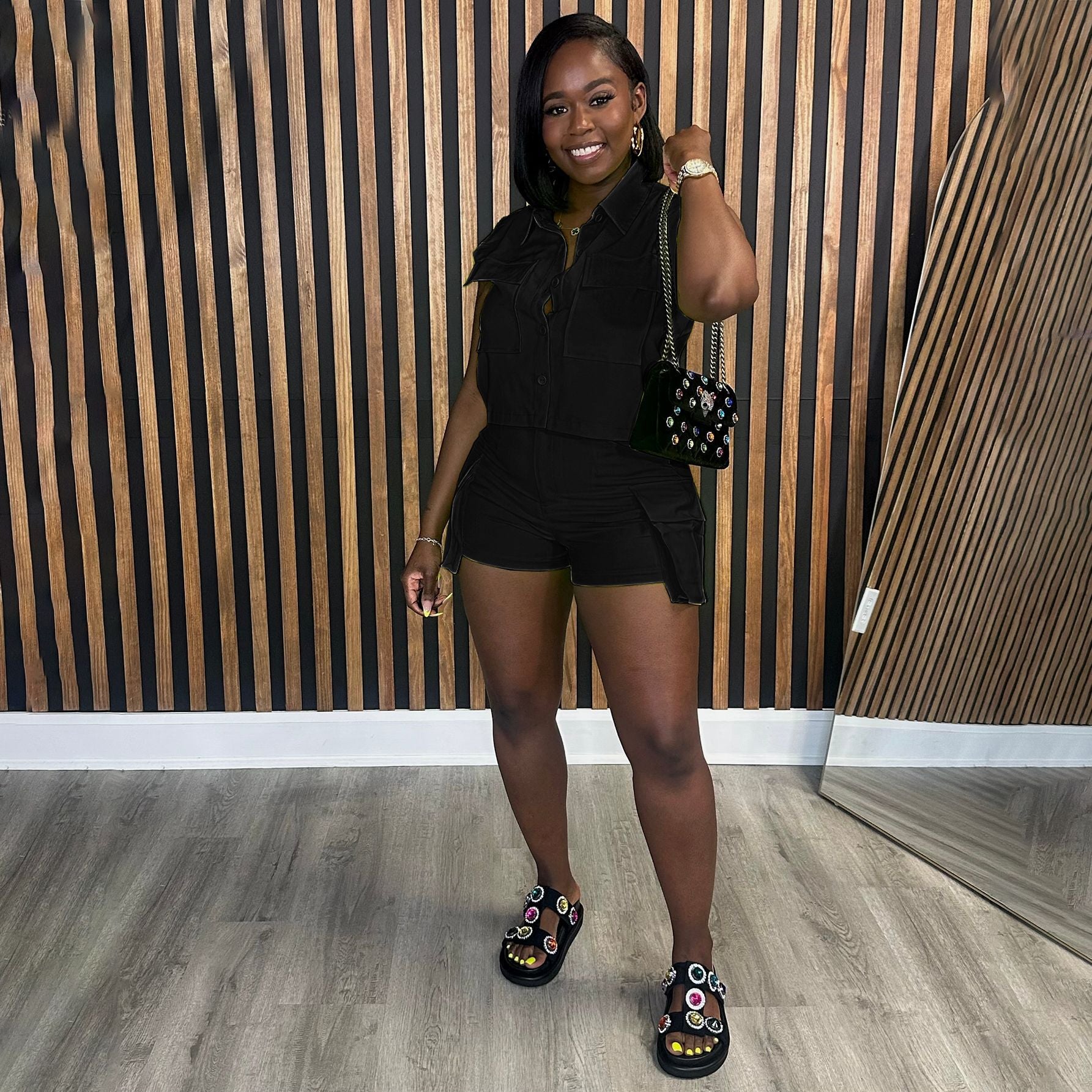 Women SolidTop and Cargo Shorts Casual Two-piece Set