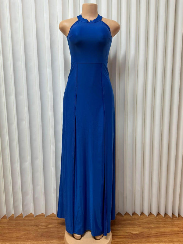 Solid Color Round Neck Sleeveless Slim Waist Slit Dress Long Gown 7