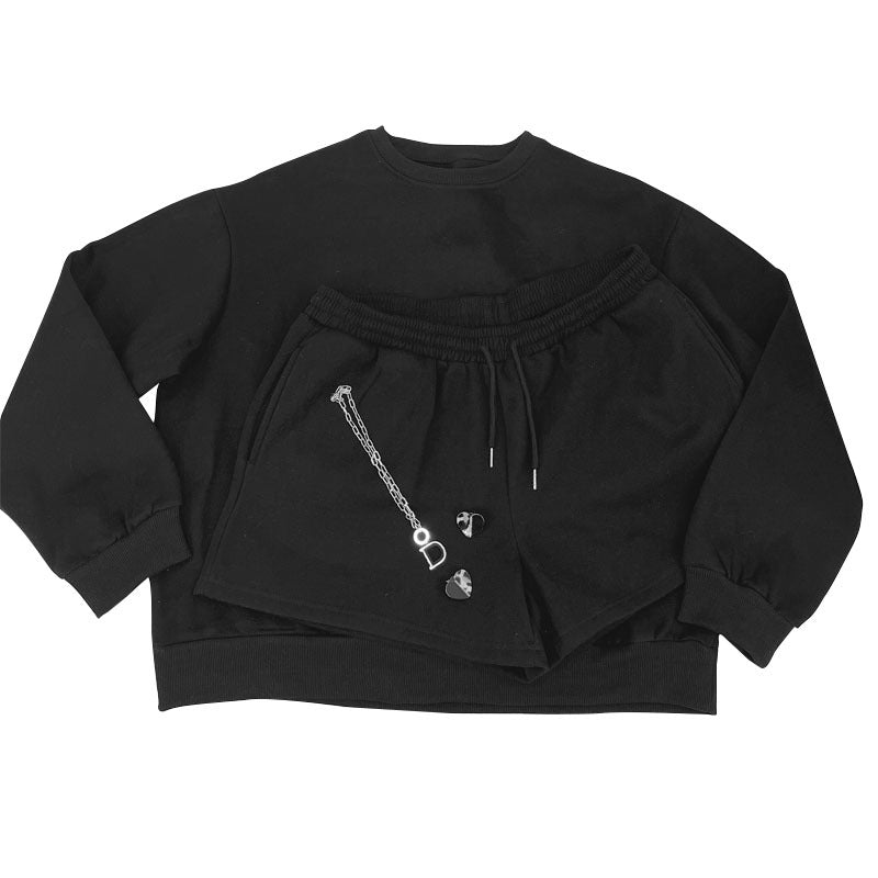 Fall Winter Solid Color Round Neck Pullover Long Sleeve Hoodies Women's Fashion Casual Shorts Two Piece Set 32