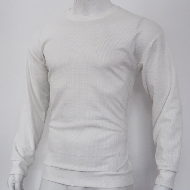 Men's Autumn and Winter Sports Solid waffle Round Neck Top 13