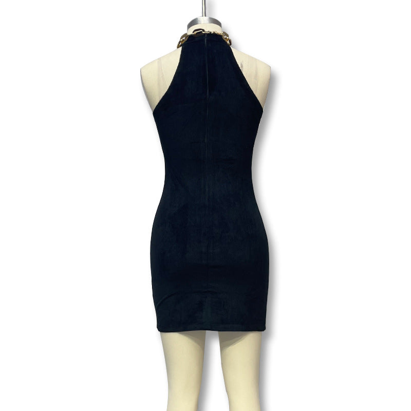 Summer Women corduroy metal chain Halter Neck off-shoulder sleeveless dress 7