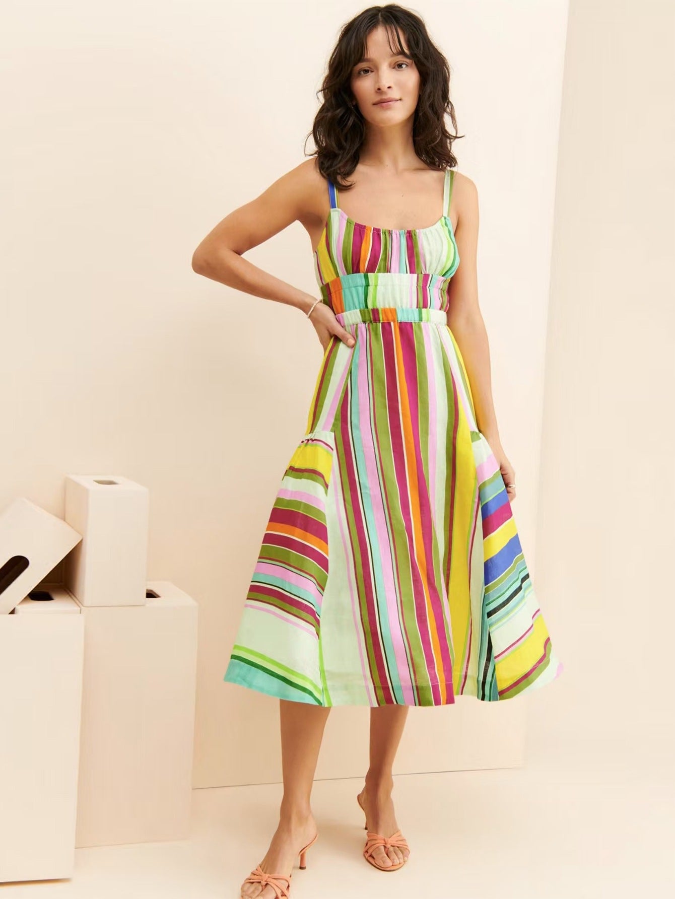 Women Bohemian Holidays Back Hollow Tassel Lace-Up Pocket Stripe Strap Dress 3