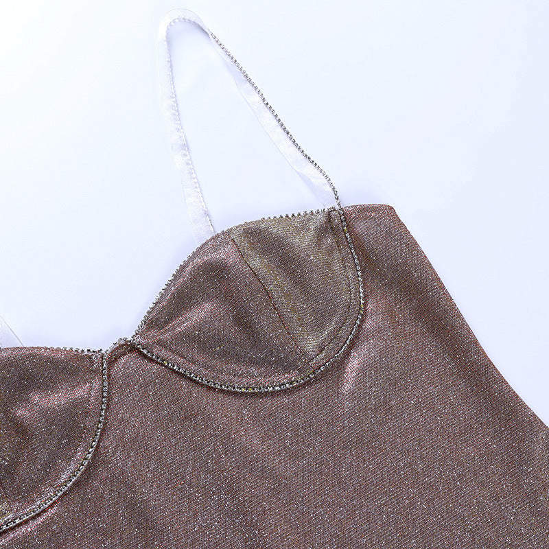 Spring And Summer Glitter Diamond Strap Mini Dress 19