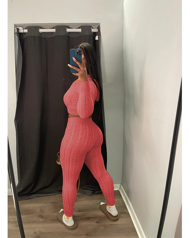 Women Solid knitting sweater and trousers two-piece set 7