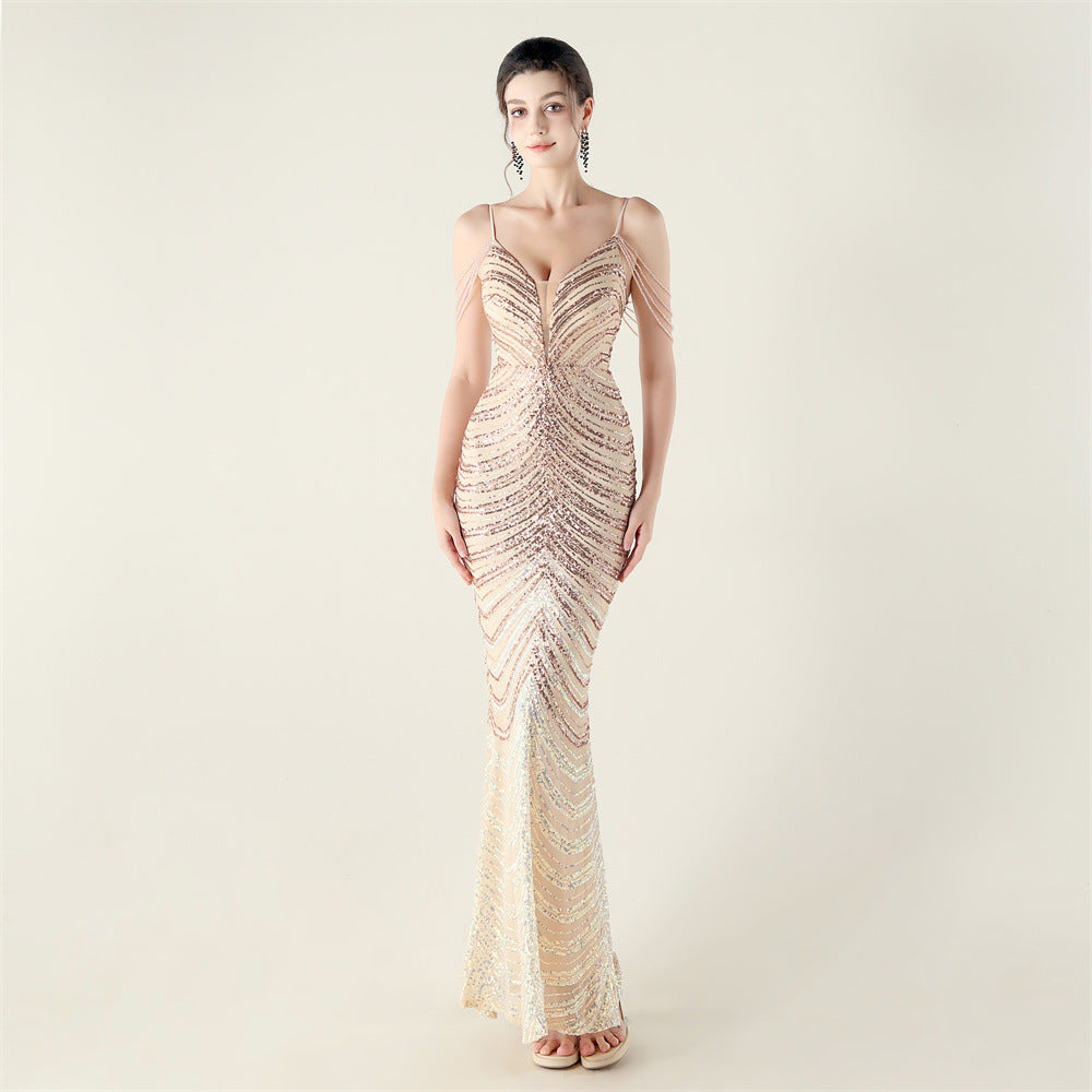 Plus Size Women V Neck Wave Gradient Beaded Beaded Formal Party Evening Dress 8