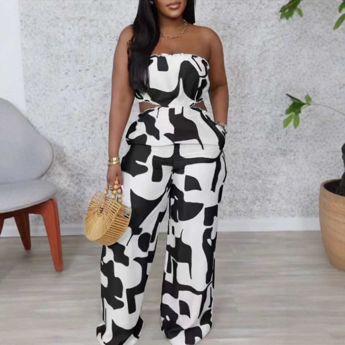 Women Elegant Strapless Printed Wide-leg Jumpsuit 5