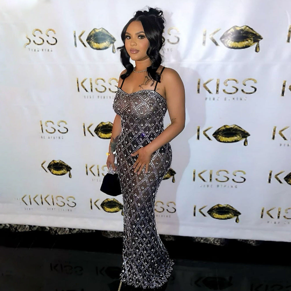 Women Party Sexy Beaded Bodycon Maxi Dress