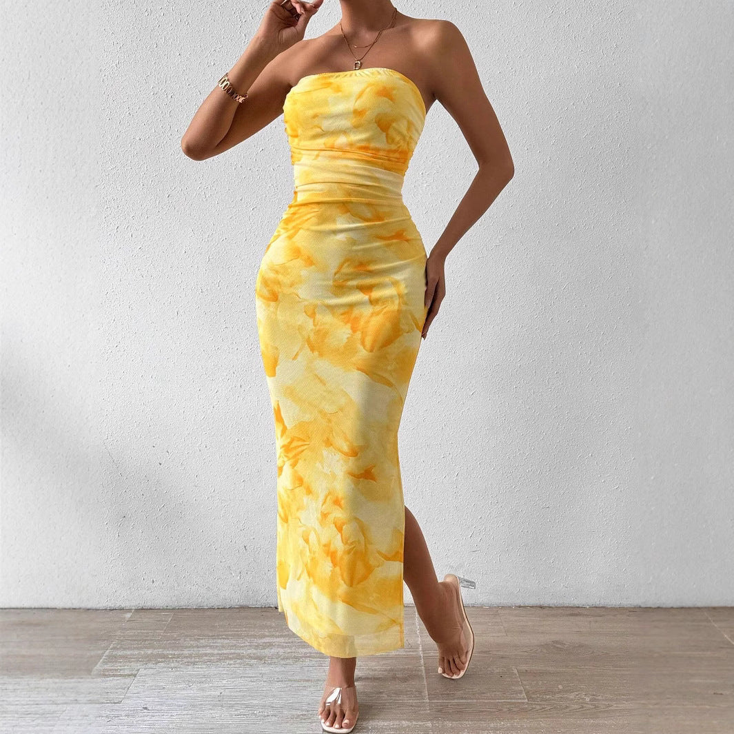 Elegant Strapless Yellow Tie-Dye Printed Side Slit Slim Summer Holidays Dress 3
