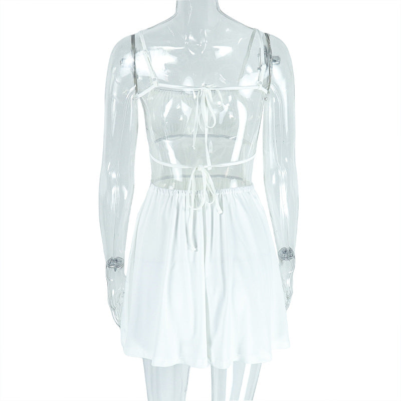 Women Pleated Solid Color Low-Back Lace-Up A-Line Short Dress 7