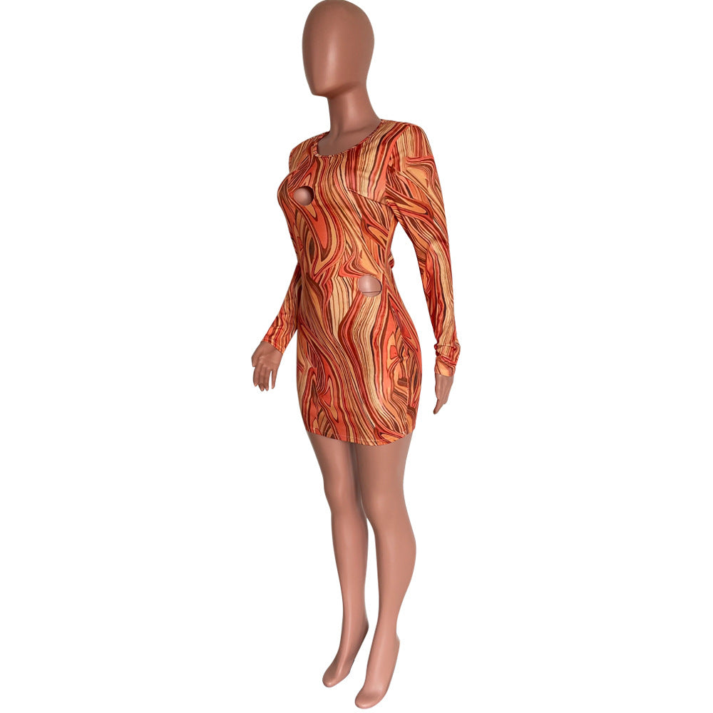 Women's Fashion Hollow Printed Long Sleeve Bodycon Dress 10