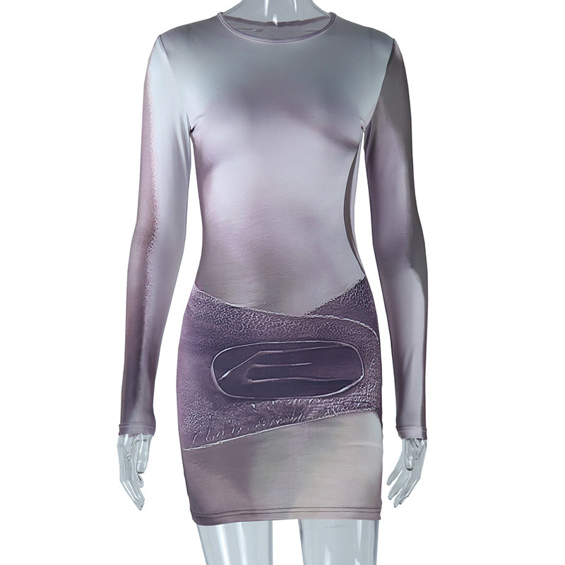 Women Round Neck Long Sleeve Printed Bodycon Dress 7