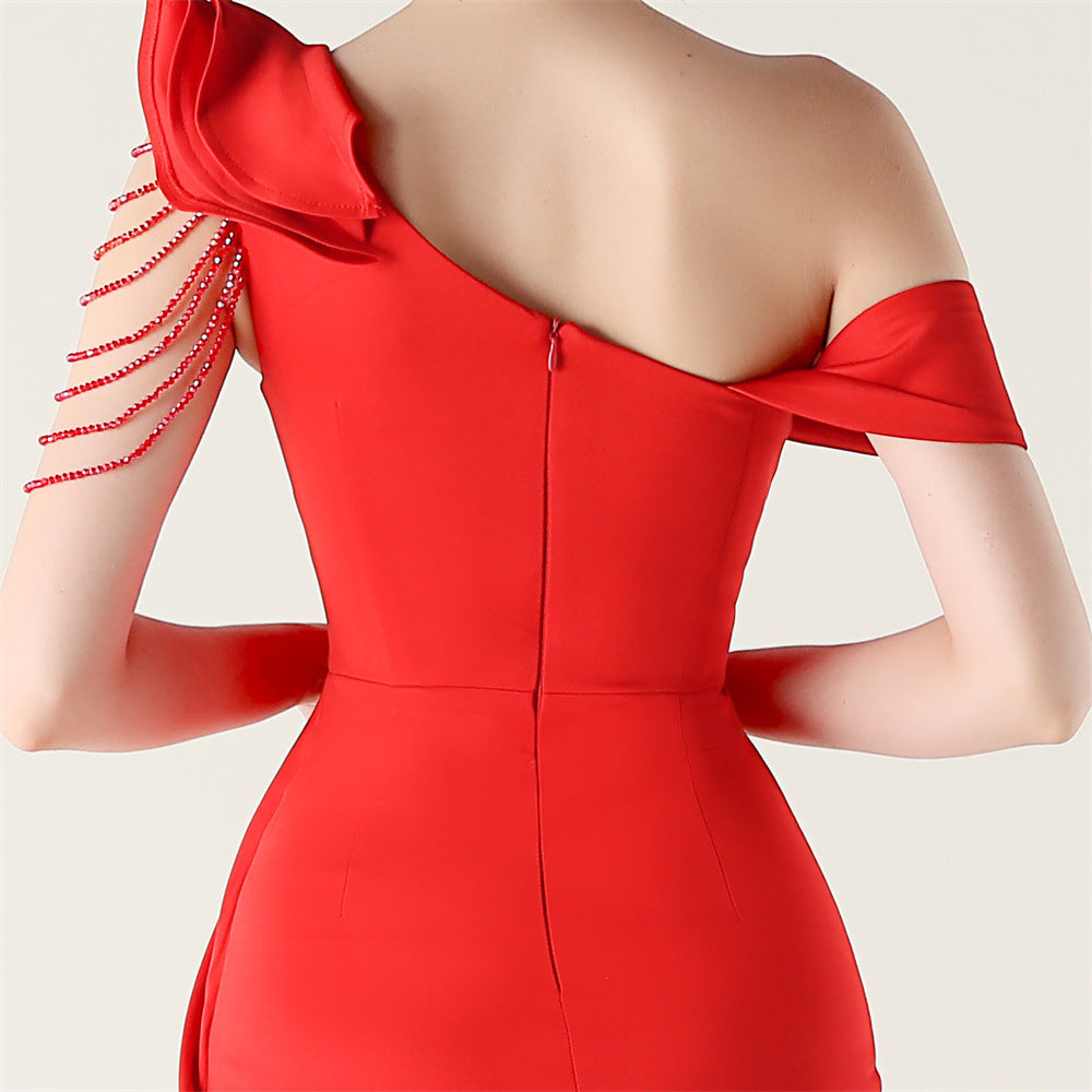 Women pleated one-shoulder beaded ruffle fishtail formal party evening dress 22