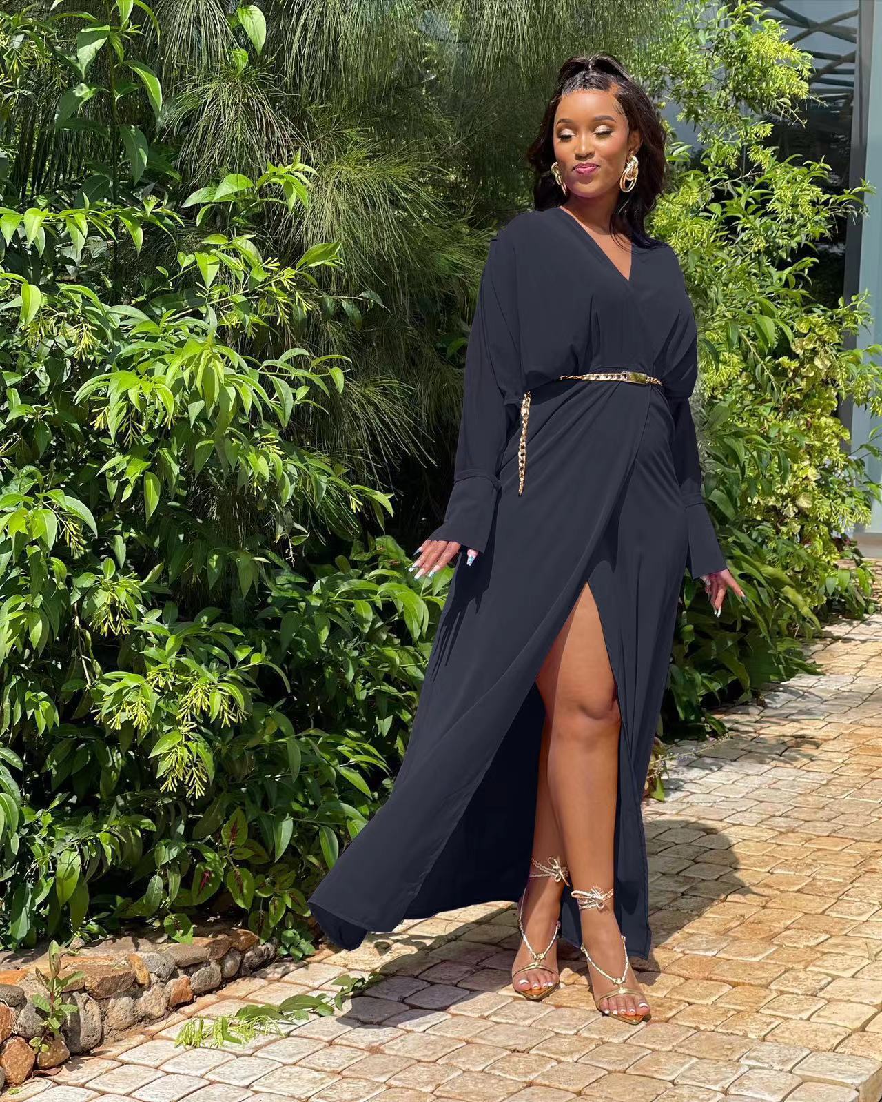 Autumn Black Fashionable Slit Loose Dress