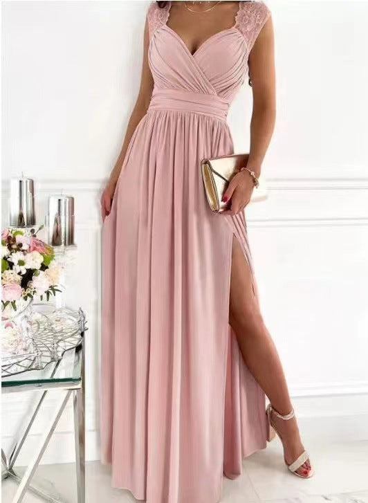 Women sleeveless lace backless slit dress 3