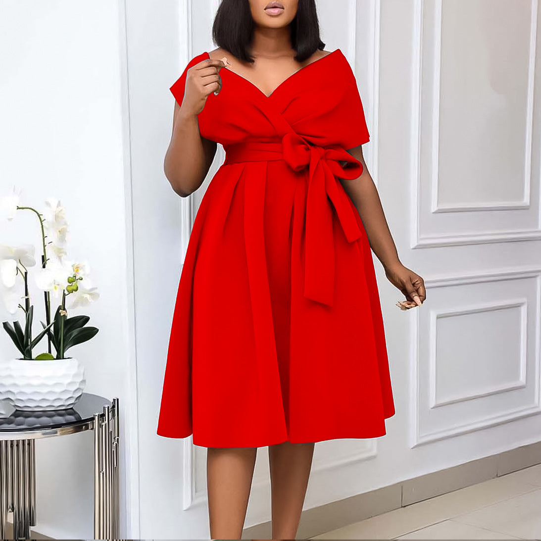 Women's Summer Fashion V-neck Belt Elegant Plus Size African Dress 4