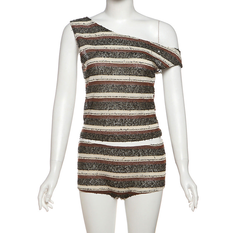 Women Summer Sexy Slash Shoulder Striped Top and Shorts Two Piece Set 6