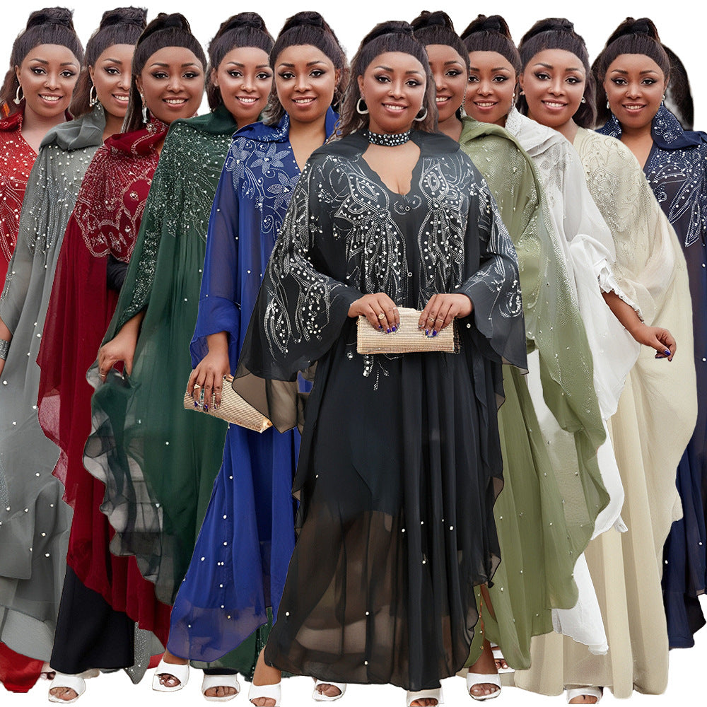 Women Bat Sleeves See-Through Mesh Beaded Beaded Cape Hooded Cape Dress 14