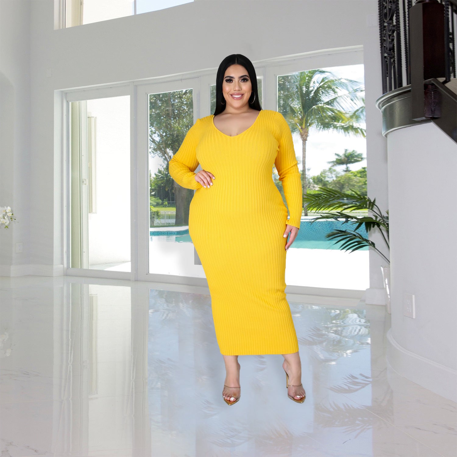 Women Autumn/Winter Solid Long Sleeve Knitting Maxi Dress 4