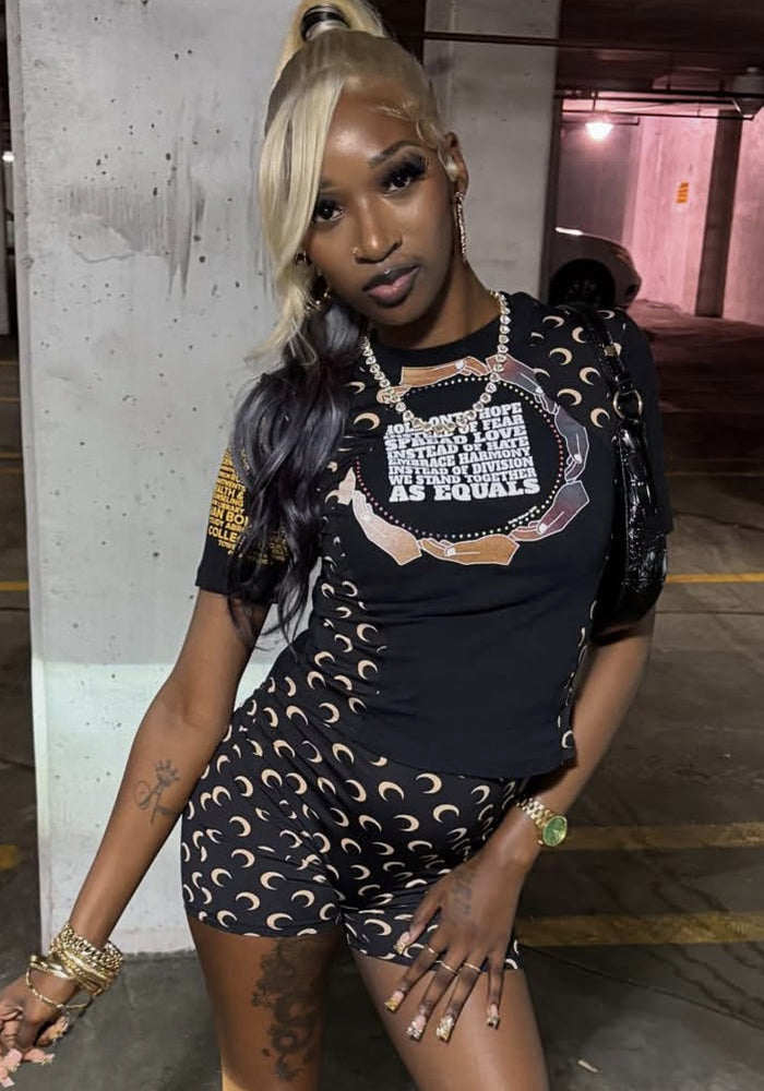 Color-Blocked Short-Sleeved Women's Printed Two-Piece Shorts Set