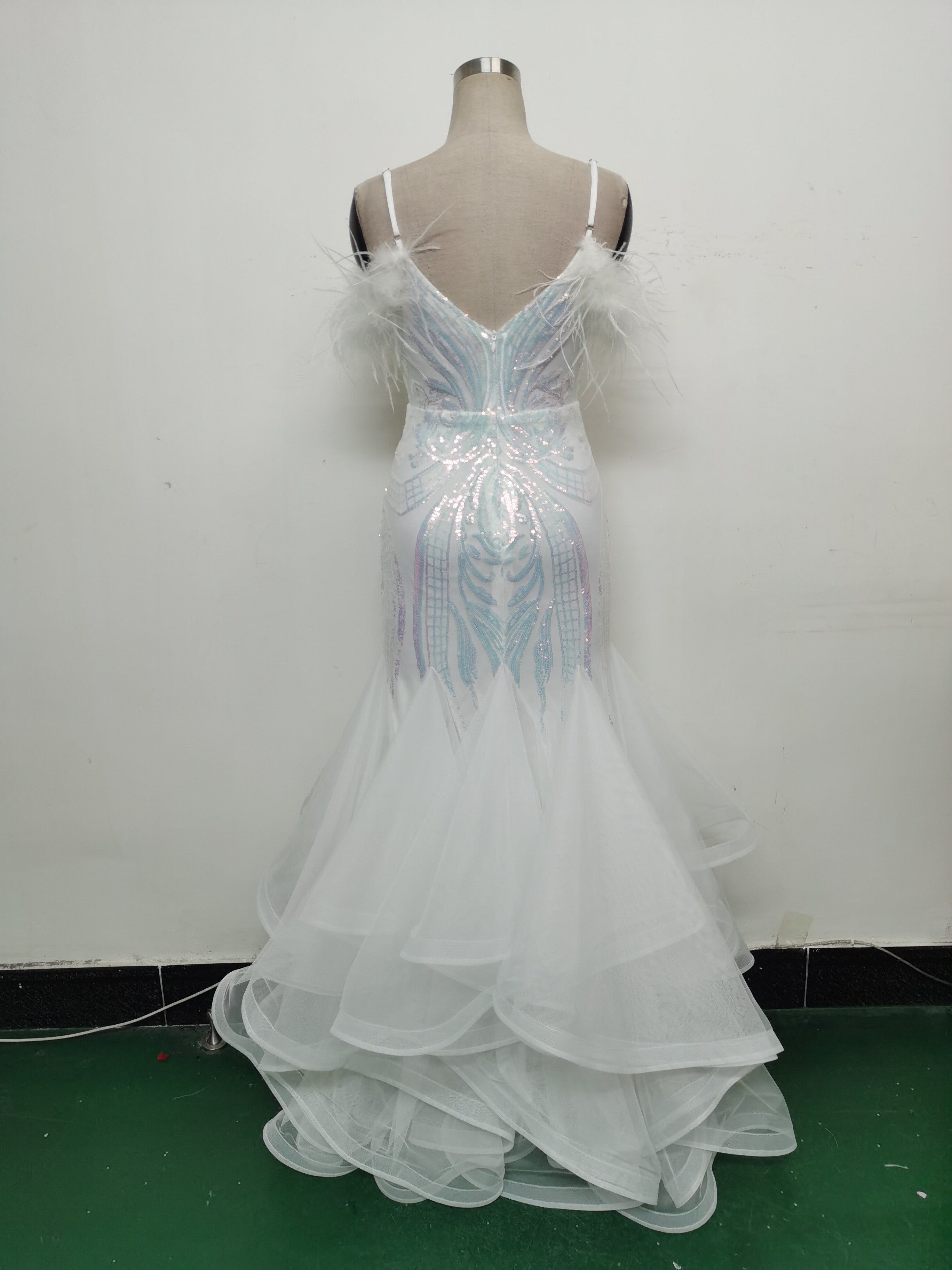 Women ostrich feather flower sequins patchwork mesh evening dress 24