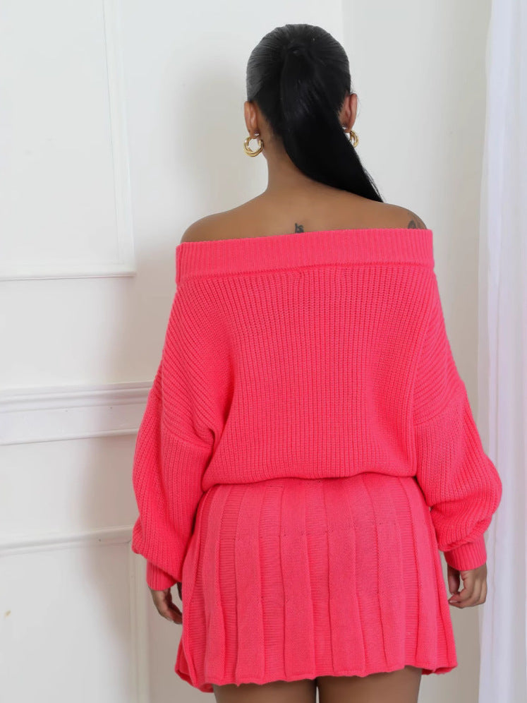 Women Fall Winter Casual Off Shoulder Solid Top and Pleated Skirt Two Piece Set