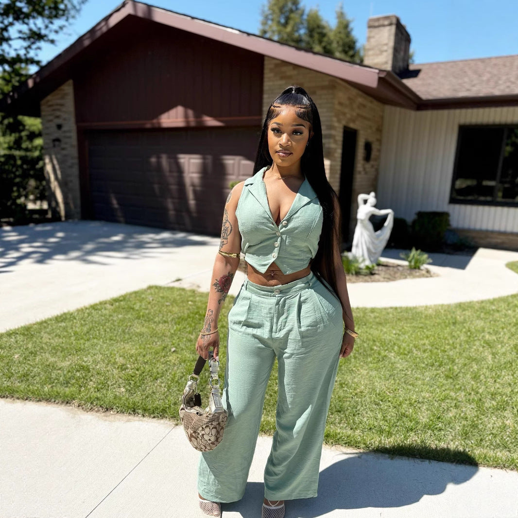 Women's Solid Sleeveless Cropped Back-Tie Top & Casual Pants Set 6