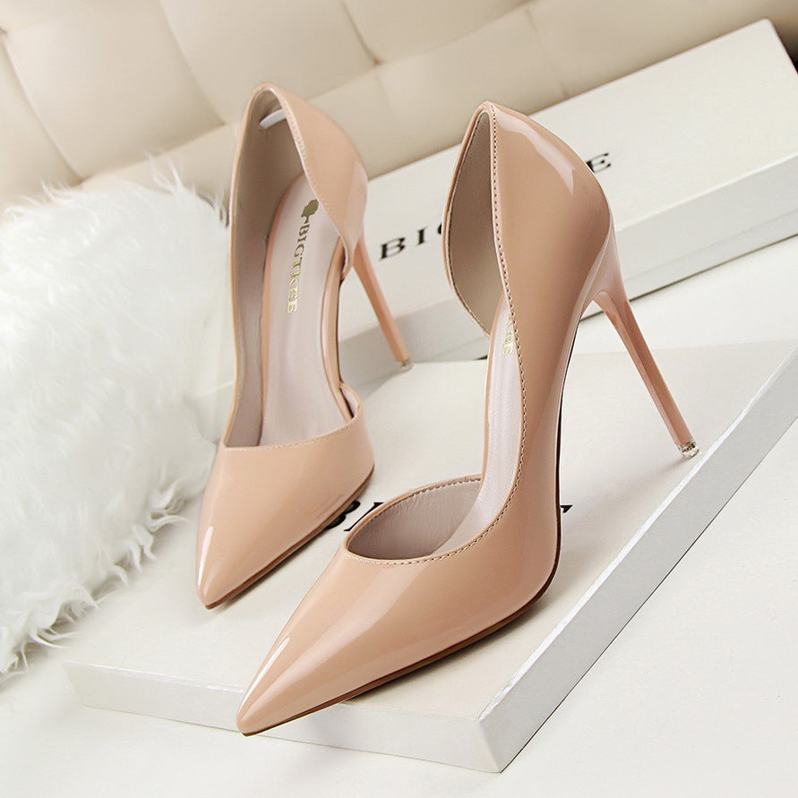 Fashionable High-Heeled Patent Leather Stiletto Shallow Mouth Pointed Toe Hollow Sexy High-Heeled Shoes 19