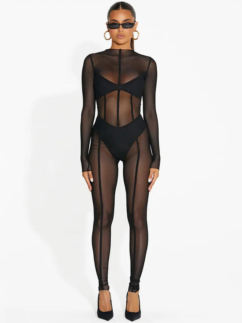 Women Long Sleeve Mesh Sexy See-Through Jumpsuit