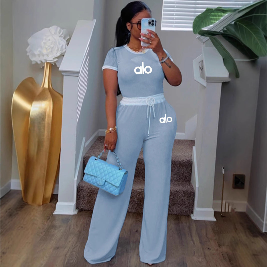 Women's Casual Street Rib Contrast Round Neck Short-Sleeve Two-Piece Pants Set 9