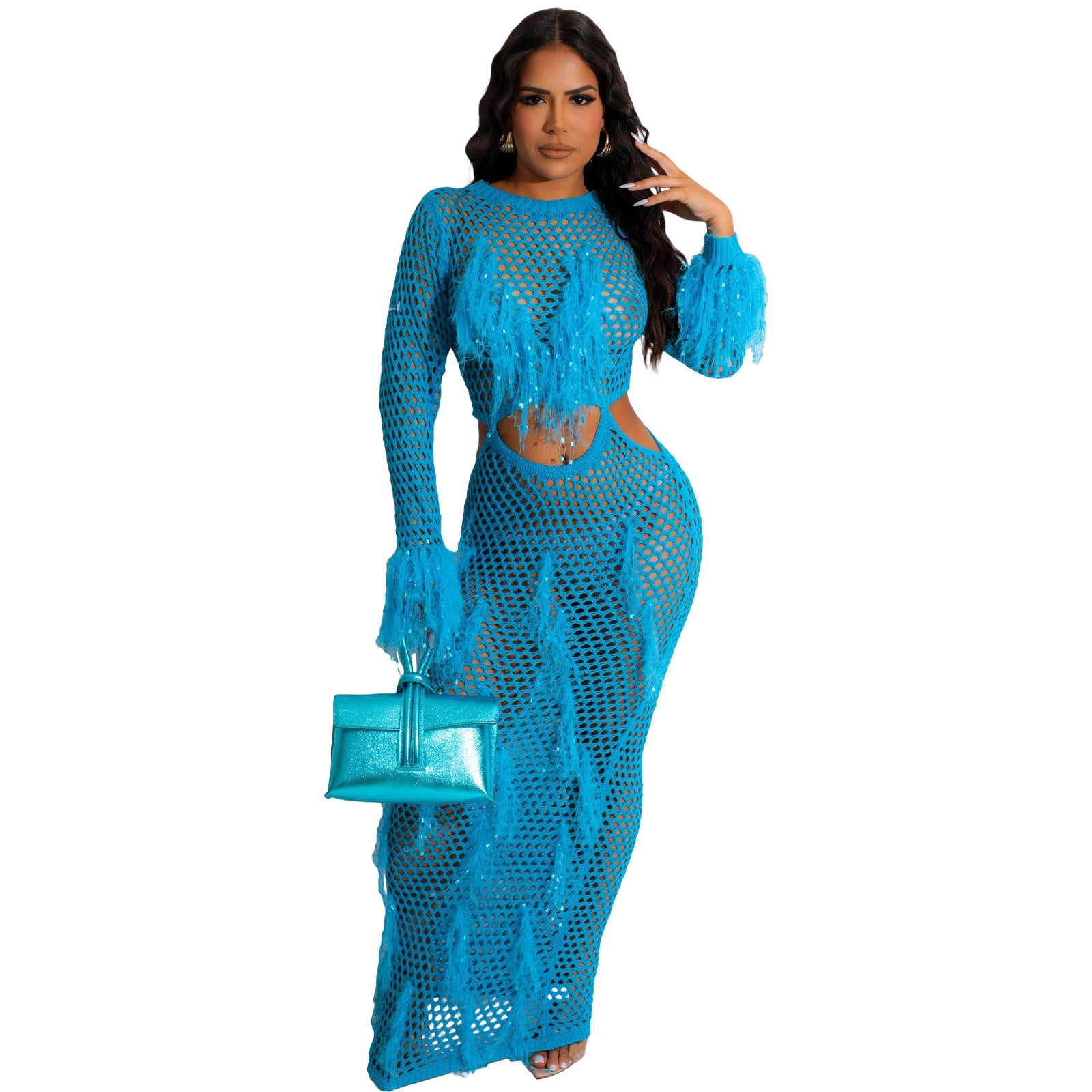 Women's Tassel Knitting Casual Hollow Sequin Beach Long Dress 5
