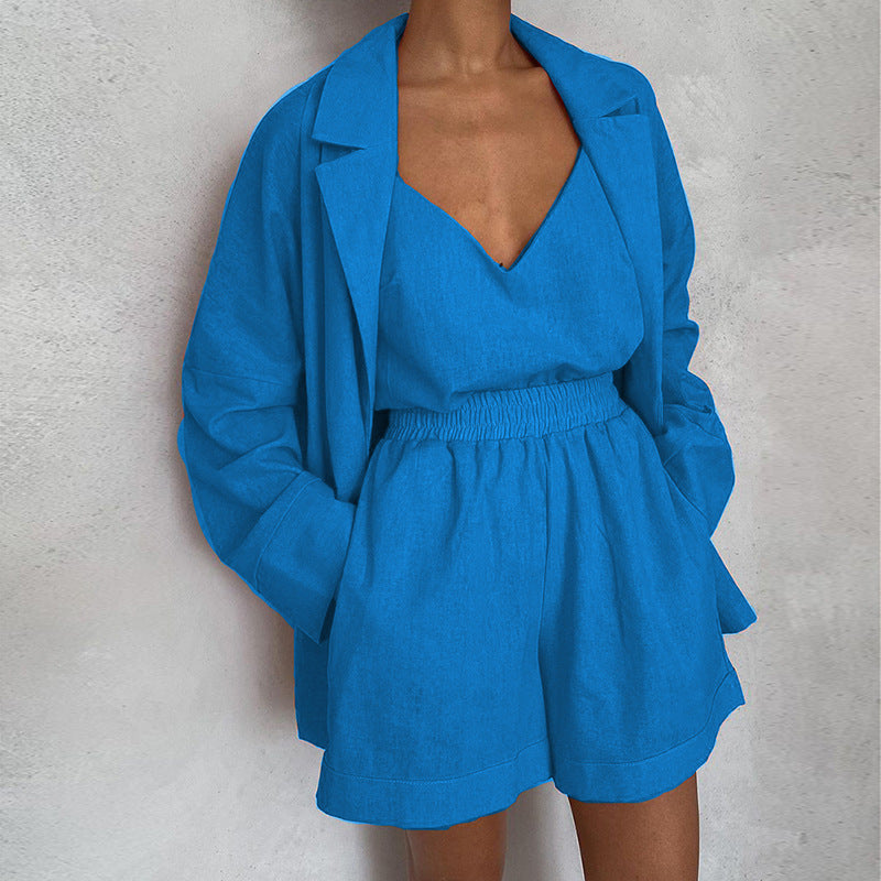 Spring Women's Chic Solid Color Vest Shorts Blazer Three Piece 12