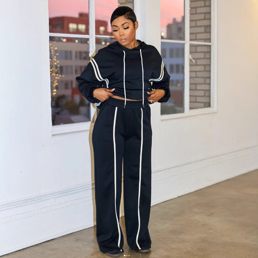 Ribbon Patchwork Hooded Hoodies Pants Two-Piece Tracksuit