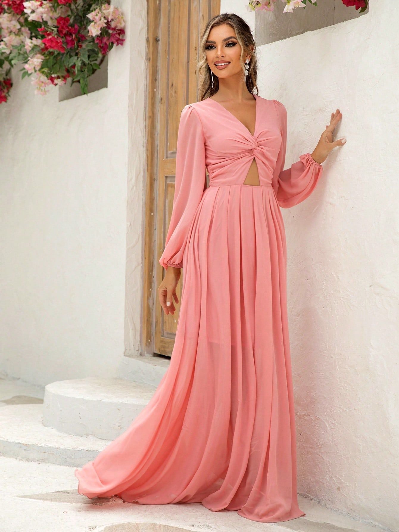 Women's Knot Cutout Balloon Sleeve Long Dress 7