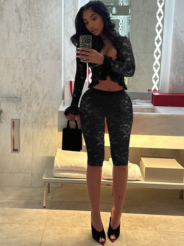 Women's Sexy Lace See-Through Ruffle Edge Bell Bottom Long Sleeve Top Mid-Length Shorts Two-Piece Set 3