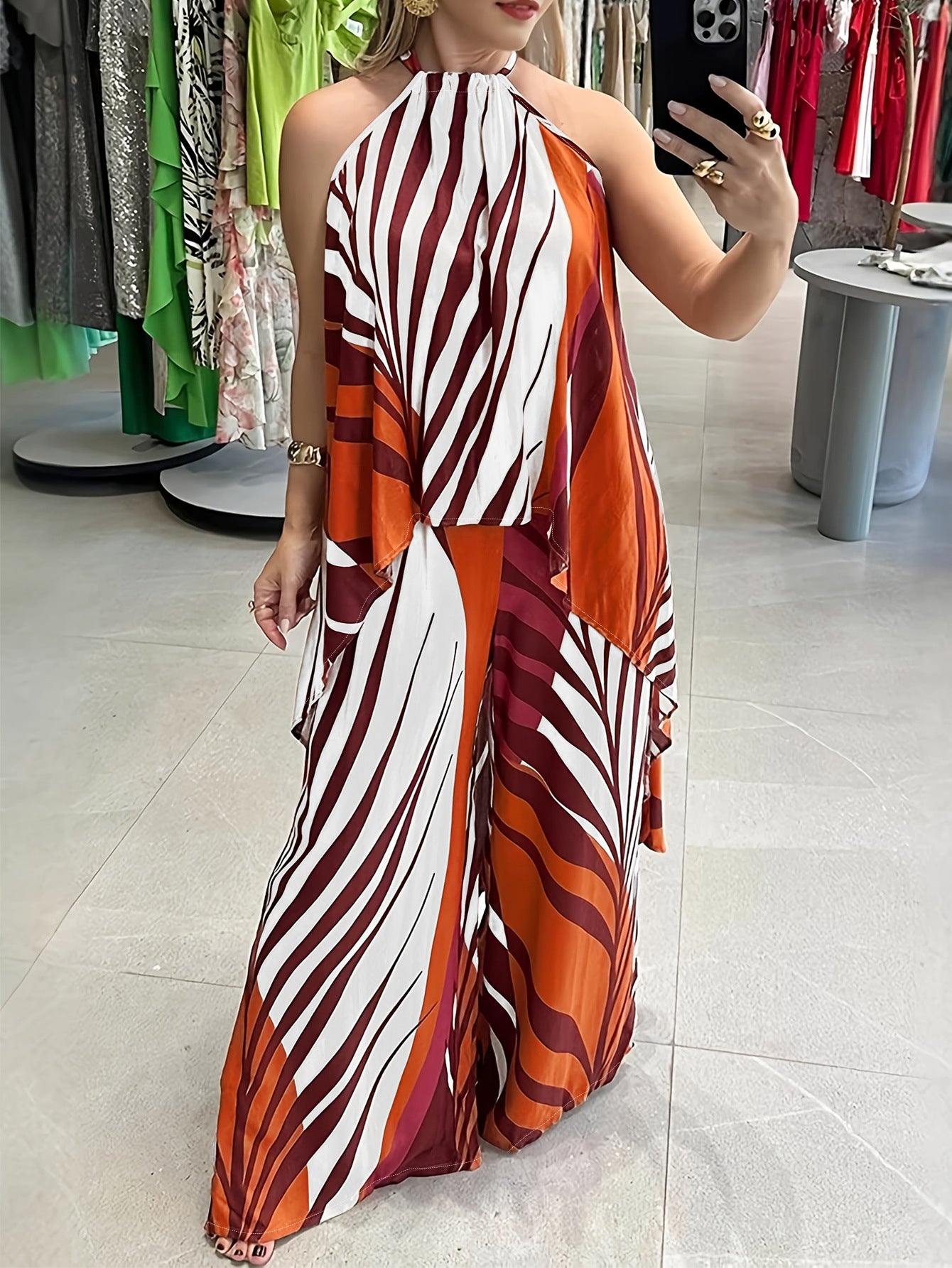 Women's Elegant Halter-Neck Sleeveless Irregular Top with Loose Trousers Two Piece Set 4