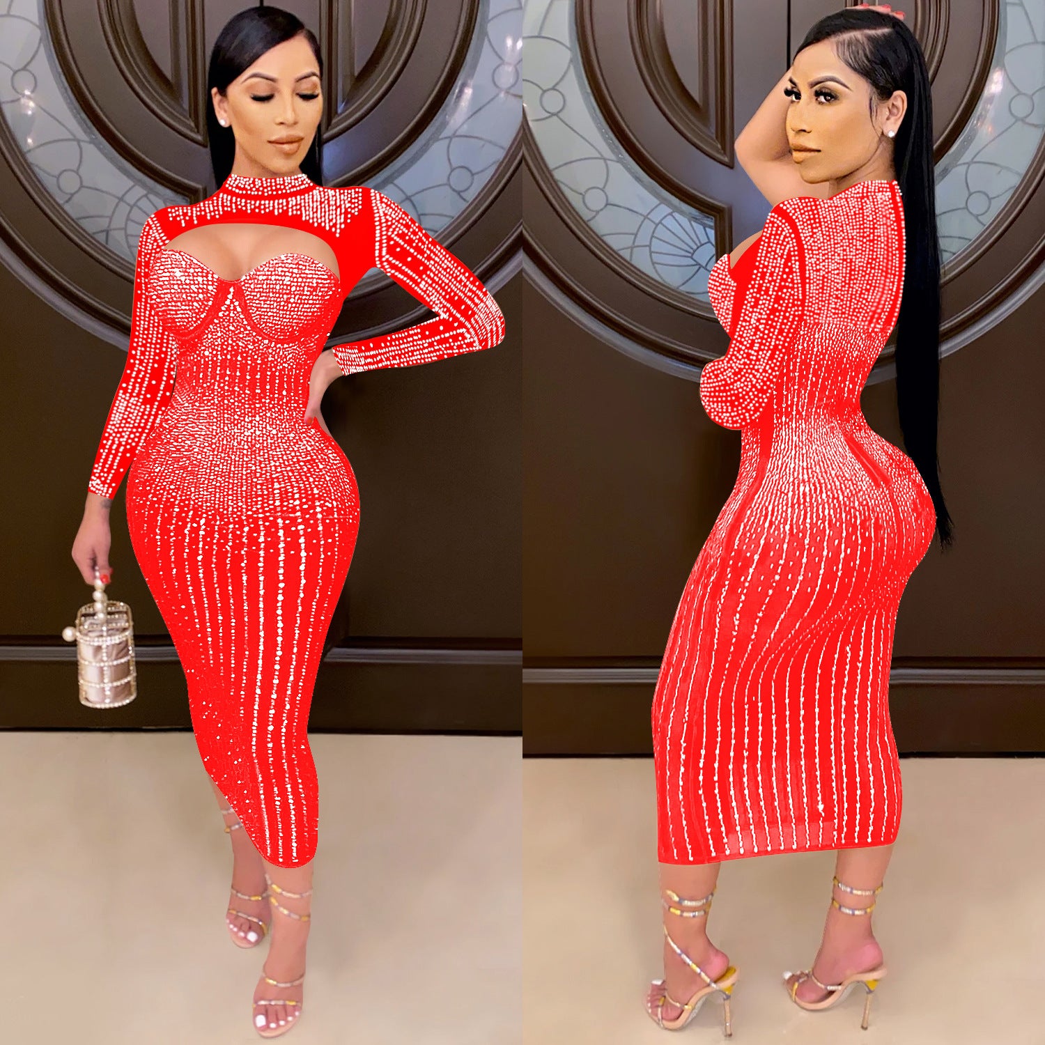 Women Mesh See-Through Beaded Strap Dress 3