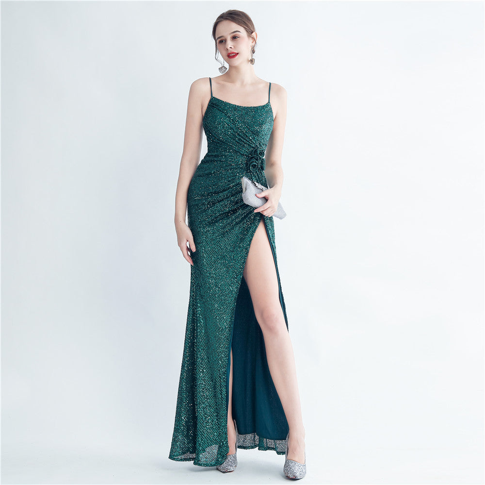 Fashion Pleated Sequin Flower Slit Elegant Straps Evening Dress 23