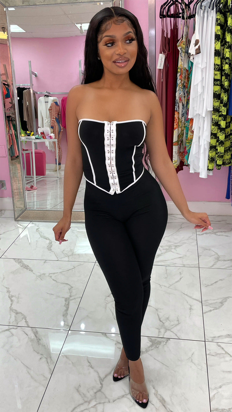 Women's Color Matching Low Back Vest Top and Pants Two-Piece Set 4