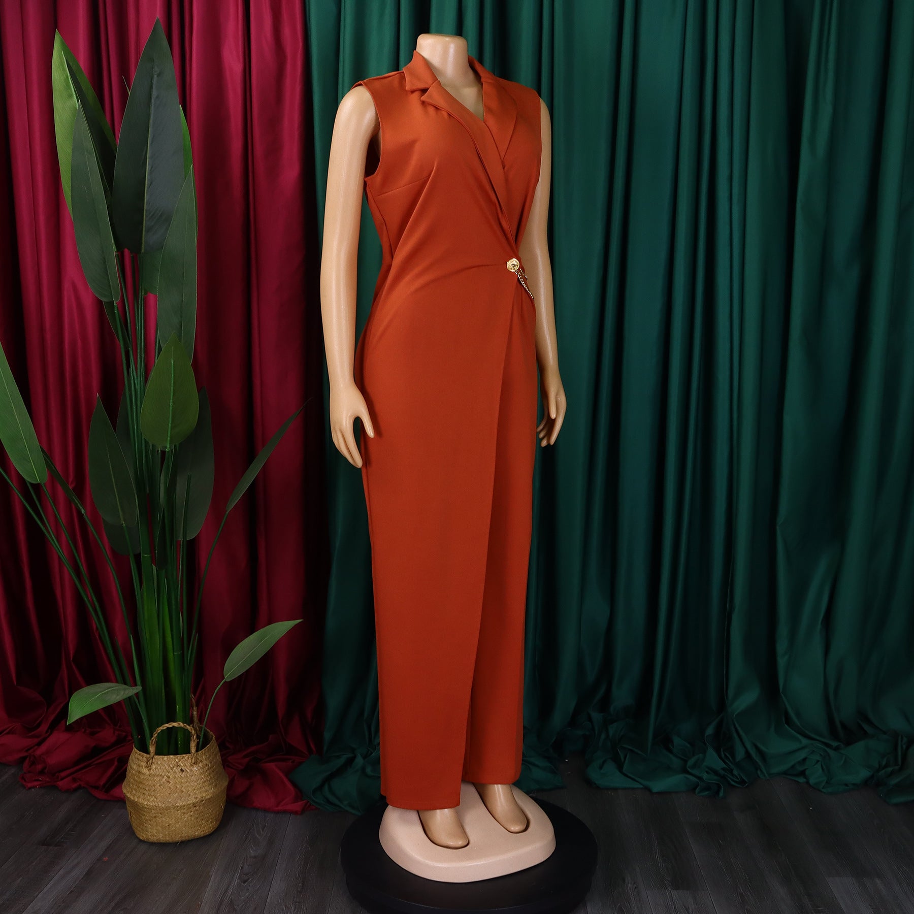 Women's Chic Elegant Turndown Collar Slim Waist Chain Loose Wide Leg Jumpsuit 19