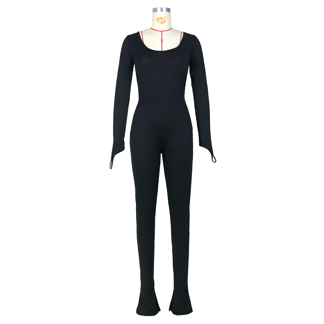 Women Sexy Thumb Sleeves Solid Backless Bell Bottom Jumpsuit 19