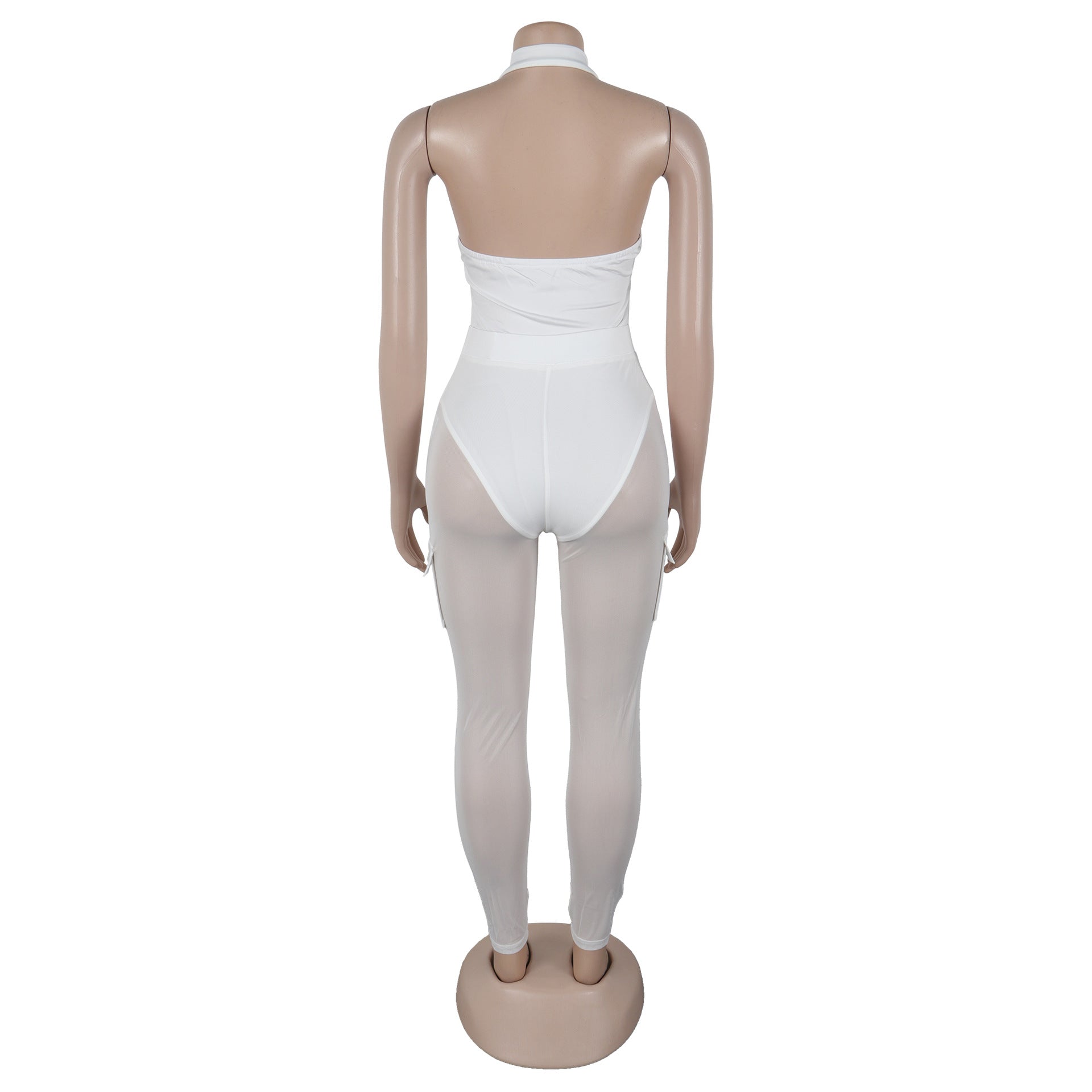 Summer Deep V-Neck Sleeveless Tight-Fitting Bodysuit Pocket Mesh Pants Set 29